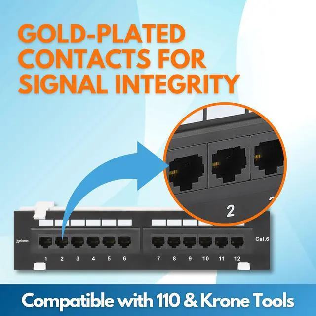 Alt view image 3 of 5 - 12-Port Network Patch Panel Cat-6 1U UL Listed - Wall Mount with 89D Bracket - Installer Grade 3µ Gold Plated Contacts - Lifetime Mfg Warranty 720779
