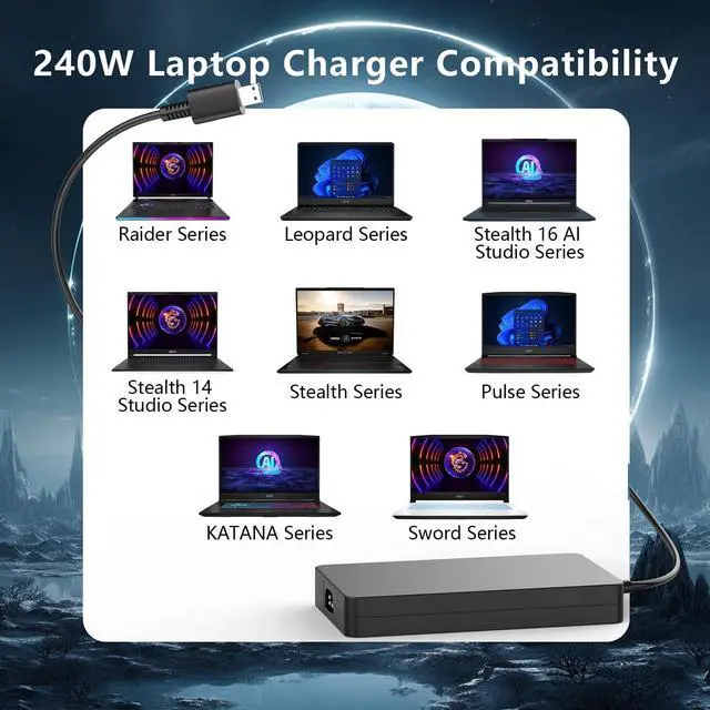 Alt view image 4 of 6 - 240W 230W USB Tip Charger Compatible with MSI Stealth A16 16 17 Alpha 17 C7V, CreatorPro 16, Creator A16 16 Z16 GE76 GE66 GP76 GP66 GS77 MS-17K3 A20-240P2A A240A007P S93-0409410-C54
