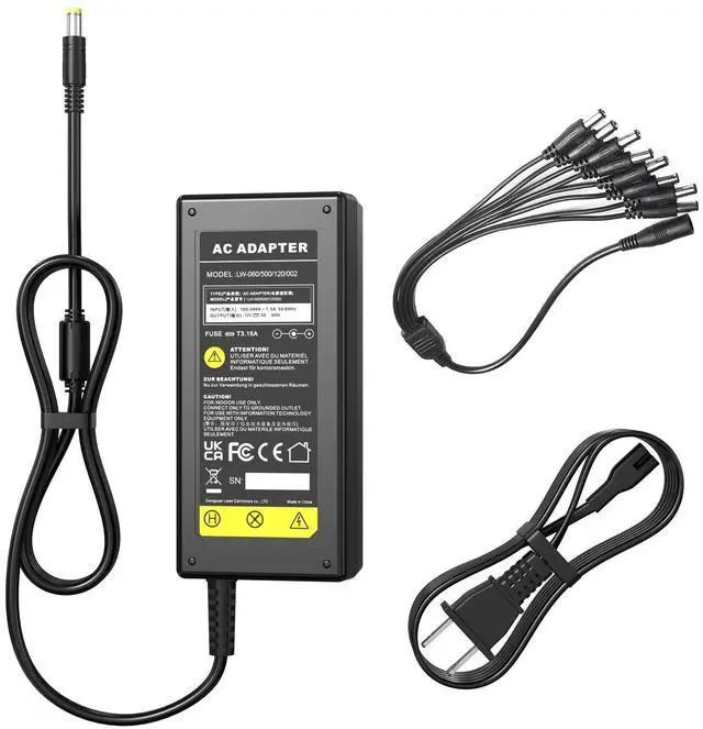 Main image of DC 12V 5A Power Supply Adapter with 8 Splitter Power Cable for Security Camera CCTV DVR Surveillance System LED Power Transformers-Fits Analog/AHD DVR/Camera