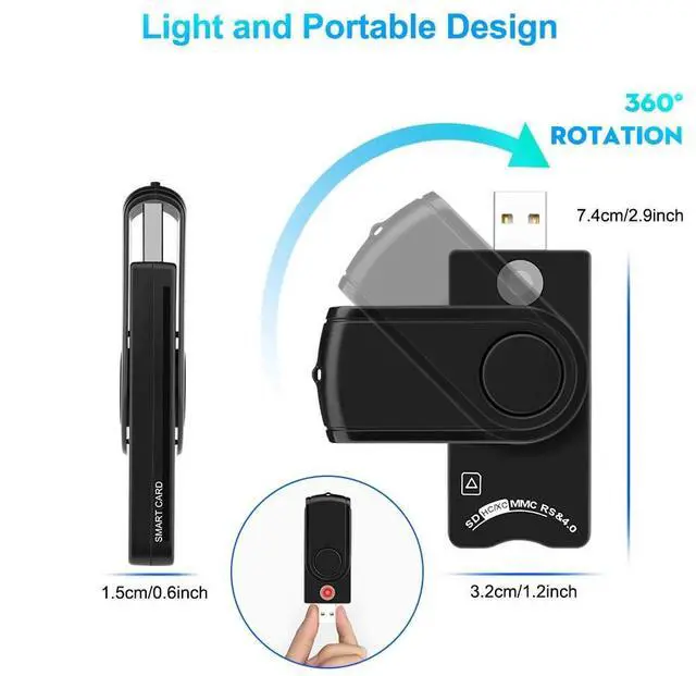 Alt view image 4 of 6 - USB Smart Card Reader, DOD CAC Compatible, Government ID Card Reader for Windows Mac Linux, 360-Degree Rotation