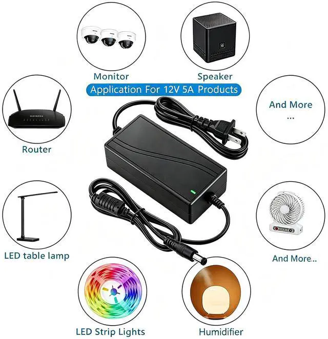 Alt view image 2 of 4 - 12V 5A Power Supply Adapter, Security Camera Power Supply, CCTV Camera Power Adapter, 12Volt LED Driver 60W Adapter Transformer for Strip Lights, Surveillance Cameras, Wireless Router,ADSL Cats, CCTV