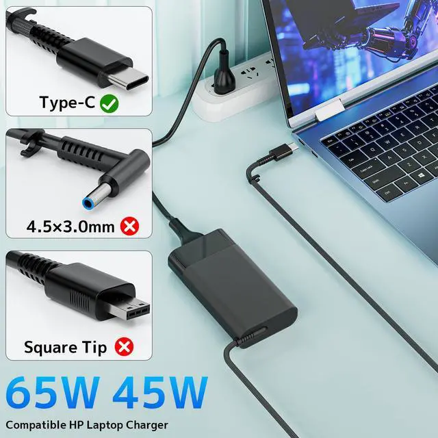 Main image of New Slim 65W USB C Laptop Charger Compatible with HP Envy x2 Spectre 12 13 X360 Chromebook Pavilion 12-B000 EliteBook G2 G5 G7 Elite x2 OmniBook X Type C Power AC Adapter Cord (L43407-001)