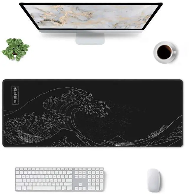 Alt view image 2 of 5 - Extended Large Anime Black Mouse Pad The Great Wave Off Kanagawa Painting Big Gaming Keyboard Mat XXL Non-Slip Water-Resistant Rubber Base Full Desk Mousepad 3D Pattern