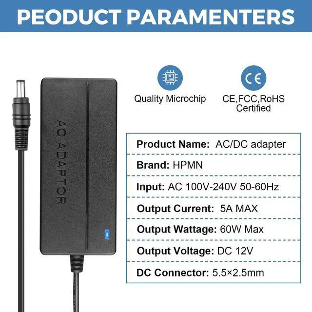 Alt view image 3 of 7 - 12V 5A Power Supply Adapter 60W AC 100-240V to DC 12 Volt 5Amp Power Converter Transformer Interface with 5.5×2.5mm Output Plug AC/DC Adapter Compatible with 12V 1A 2A 3A 4A Equipment