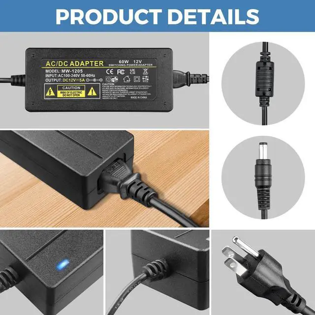 Alt view image 6 of 7 - 12V 5A Power Supply Adapter 60W AC 100-240V to DC 12 Volt 5Amp Power Converter Transformer Interface with 5.5×2.5mm Output Plug AC/DC Adapter Compatible with 12V 1A 2A 3A 4A Equipment