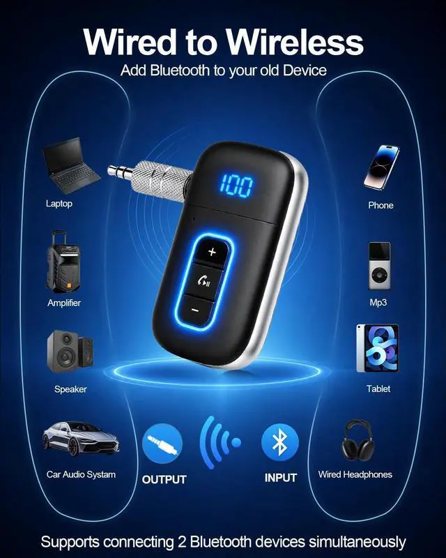 Alt view image 2 of 6 - Aux Bluetooth 5.3 Adapter for Car, Bluetooth Receiver Aux Car Adapter, Auxiliar Audio Blue Tooth para Carro Wireless Dongle with 3.5mm Jack for Stereo Systems and Headphones
