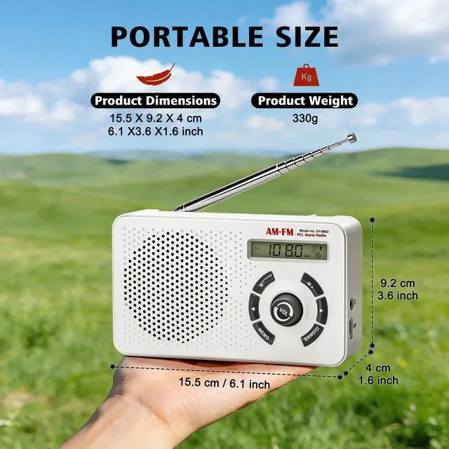Alt view image 7 of 7 - Portable Radio AM FM SW, Transistor Radio with LCD Display, Alarm Clock, Sleep Timer and Headphone Jack, 4 AA Battery Powered or Plug in Wall, Small Radio for Home Outdoor Seniors
