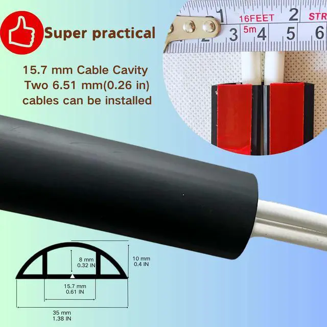 Alt view image 2 of 7 - 10ft Self Adhesive Floor Cord Cover,Cable Cavity:0.61" (W) x 0.32" (H),Heavy Duty Soft PVC Cable Protector and Extension Cord Hider,Cord Management System to Hide Wires on Floor,Black