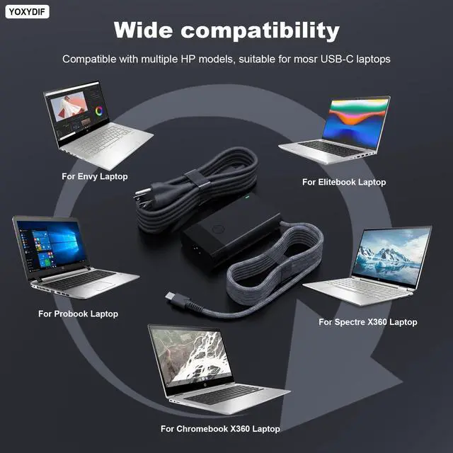 Alt view image 4 of 6 - 65W USB C Laptop Charger Compatible with HP Envy X360 Elitebook X360 Spectre Chromebook Elite X2 Zbook Probook Pavilion Series Travel Fast Charging Type C Power Cord Ac Adapter