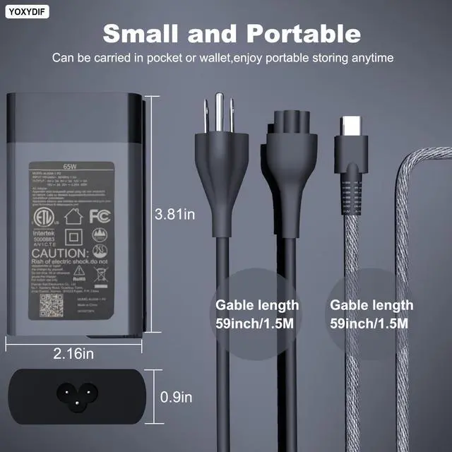 Alt view image 2 of 6 - 65W USB C Laptop Charger Compatible with HP Envy X360 Elitebook X360 Spectre Chromebook Elite X2 Zbook Probook Pavilion Series Travel Fast Charging Type C Power Cord Ac Adapter