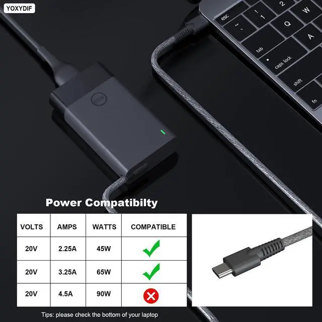 Alt view image 3 of 6 - 65W USB C Laptop Charger Compatible with HP Envy X360 Elitebook X360 Spectre Chromebook Elite X2 Zbook Probook Pavilion Series Travel Fast Charging Type C Power Cord Ac Adapter