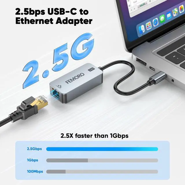 Alt view image 2 of 7 - USB C to Ethernet Adapter 2.5Gb, USBC to Cat 6 /Cat 6a, Type C (Thunderbolt 4/3 Compatible) to 2.5 Gigabit RJ45 for NAS iPad MacBook Pro/Air/Neo iPhone 17/16/15 Laptop Gaming Console and More