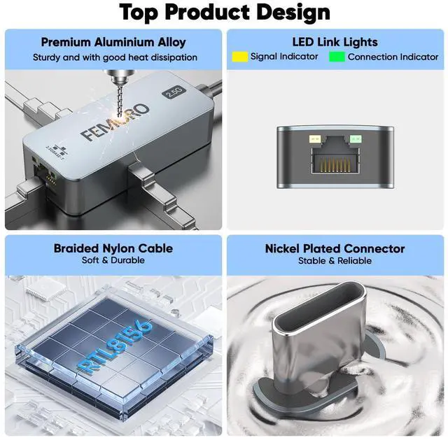 Alt view image 3 of 7 - USB C to Ethernet Adapter 2.5Gb, USBC to Cat 6 /Cat 6a, Type C (Thunderbolt 4/3 Compatible) to 2.5 Gigabit RJ45 for NAS iPad MacBook Pro/Air/Neo iPhone 17/16/15 Laptop Gaming Console and More