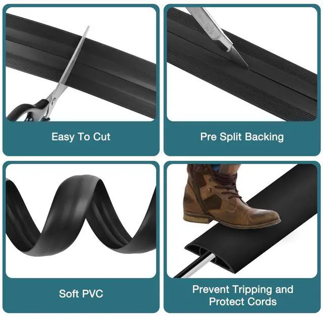Alt view image 3 of 7 - Floor Cord Cover, Cable Protector, 0.63W x 0.31H inches, Wire Cover for Extension Cords, Floor Cable Covers Prevent Cable Trips (Black, 50-10 Feet)