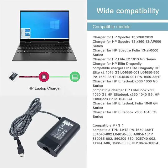 Alt view image 4 of 5 - Slim 65W USB C Charger Compatible for HP Omnibook Spectre X360 Elitebook Envy Chromebook Elite ProBook Zbook OmniBook 7 5 X Flip 16" 14" 17.3 Ultra Flip 14, Travel Fast 65 Watt with USB A Port