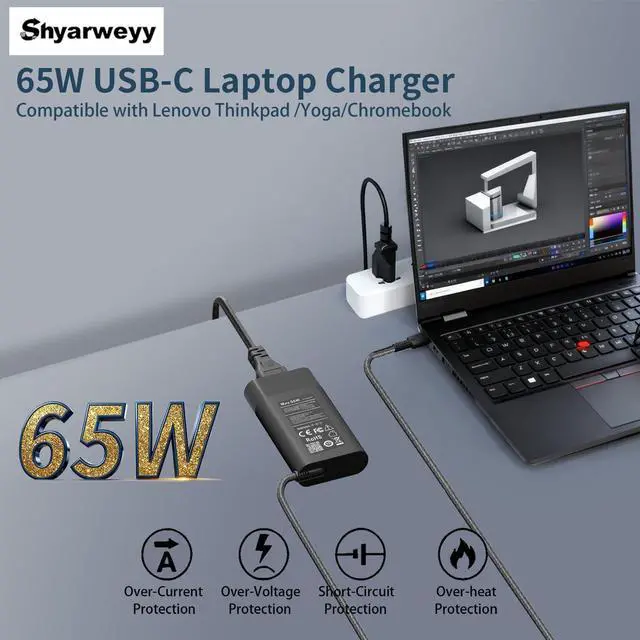 Main image of 65W USB C Charger for HP Spectre/Envy/EliteBook x360 Elite Pro x2 Pavilion OmniBook Ultra Zbook ProBook for HP Slim Travel Laptop Charger Braided Cable
