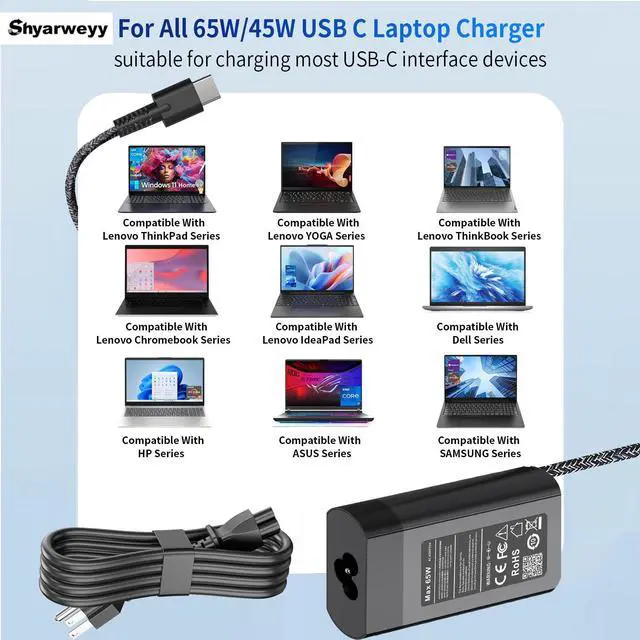 Alt view image 2 of 6 - 65W USB C Charger for HP Spectre/Envy/EliteBook x360 Elite Pro x2 Pavilion OmniBook Ultra Zbook ProBook for HP Slim Travel Laptop Charger Braided Cable