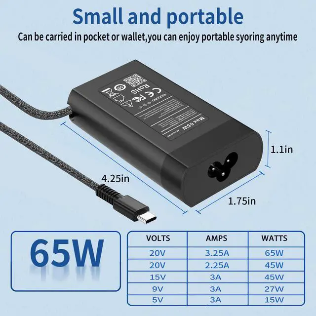 Alt view image 3 of 6 - 65W USB C Charger for HP Spectre/Envy/EliteBook x360 Elite Pro x2 Pavilion OmniBook Ultra Zbook ProBook for HP Slim Travel Laptop Charger Braided Cable