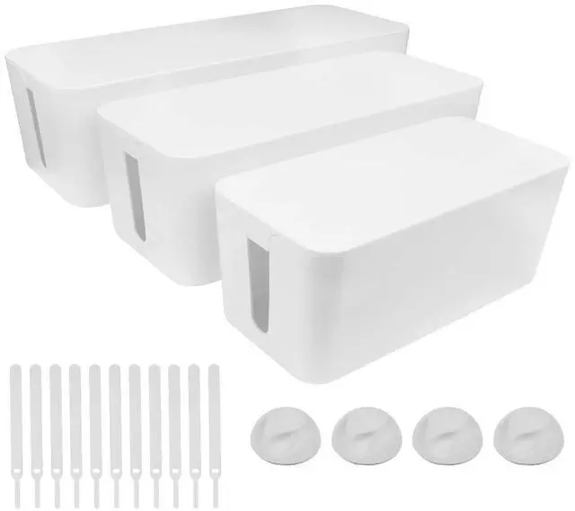 Main image of Cable Management Box - 3 Pack Cord Organizer Box for Desk - Large Medium Small Cable Box to Hide Power Strip & Wires - Pet-Safe Cord Hider for TV Computer Under Desk - White