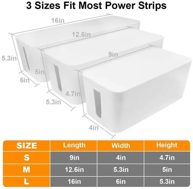 Alt view image 5 of 6 - Cable Management Box - 3 Pack Cord Organizer Box for Desk - Large Medium Small Cable Box to Hide Power Strip & Wires - Pet-Safe Cord Hider for TV Computer Under Desk - White