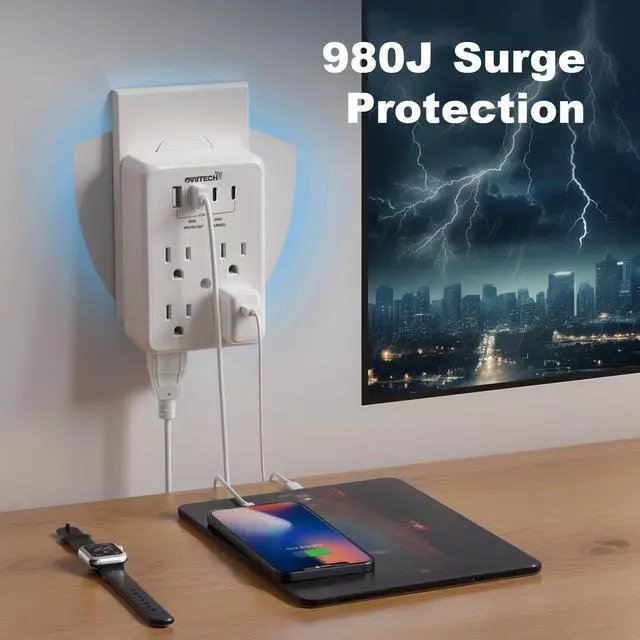 Alt view image 4 of 5 - Multi Plug Outlet Extender Surge Protector Adapter, 6 Outlet with 4 USB Ports (2 USB C) 980J Power Strip Wall Charger Spaced for Travel,Home, Office, Dorm Room, White 2 Pack