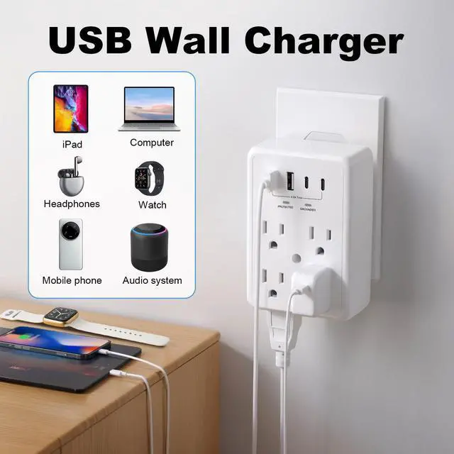 Alt view image 2 of 5 - Multi Plug Outlet Extender Surge Protector Adapter, 6 Outlet with 4 USB Ports (2 USB C) 980J Power Strip Wall Charger Spaced for Travel,Home, Office, Dorm Room, White 2 Pack