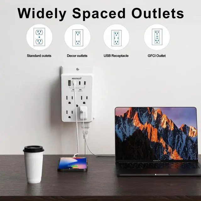 Alt view image 3 of 5 - Multi Plug Outlet Extender Surge Protector Adapter, 6 Outlet with 4 USB Ports (2 USB C) 980J Power Strip Wall Charger Spaced for Travel,Home, Office, Dorm Room, White 2 Pack