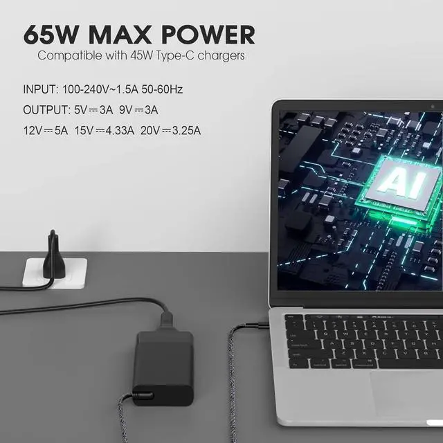 Alt view image 2 of 7 - 65W USB C Laptop Replacement Charger Compatible with HP Spectre x360, Envy, Chromebook, Elitebook x360, Pavilion, Elite x2 Travel Type C Power Cord Ac Adapter