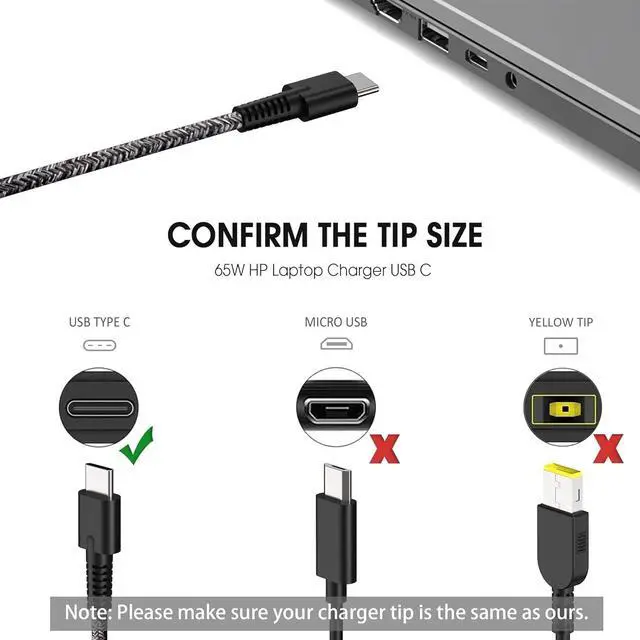 Alt view image 4 of 7 - 65W USB C Laptop Replacement Charger Compatible with HP Spectre x360, Envy, Chromebook, Elitebook x360, Pavilion, Elite x2 Travel Type C Power Cord Ac Adapter