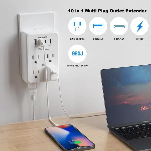 Main image of Multi Plug Outlet Extender Surge Protector Adapter, 6 Outlet with 4 USB Ports (2 USB C) 980J Power Strip Wall Charger Spaced for Travel,Home, Office, Dorm Room, White 2 Pack