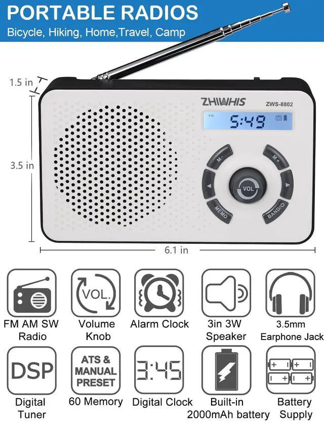 Main image of Digital AM/FM/Shortwave Radio with LCD Display, Built-in 2000mAh Battery/4 AA Battery Powered, Type-C Charging, Alarm Clock, Memory Station, ZWS-8802