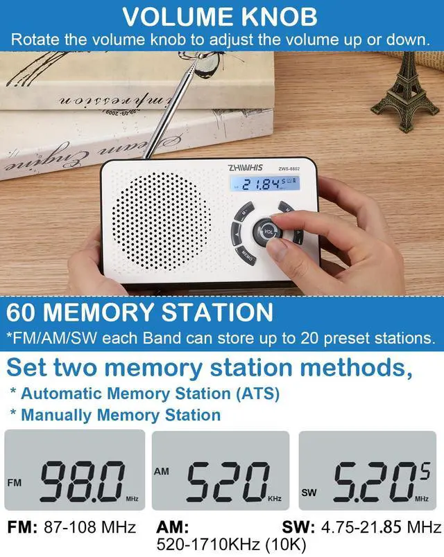 Alt view image 4 of 6 - Digital AM/FM/Shortwave Radio with LCD Display, Built-in 2000mAh Battery/4 AA Battery Powered, Type-C Charging, Alarm Clock, Memory Station, ZWS-8802