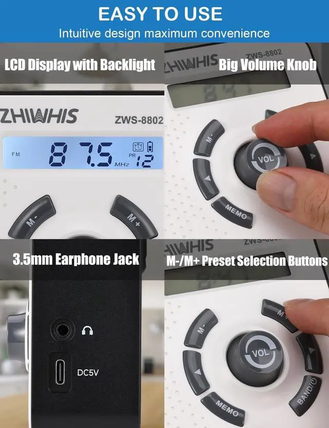 Alt view image 6 of 6 - Digital AM/FM/Shortwave Radio with LCD Display, Built-in 2000mAh Battery/4 AA Battery Powered, Type-C Charging, Alarm Clock, Memory Station, ZWS-8802