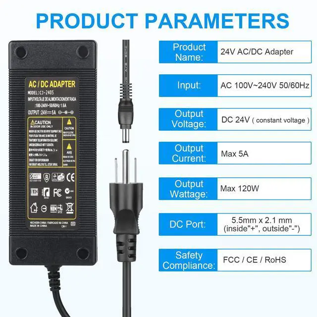 Alt view image 2 of 7 - 24V 5A Power Supply 100V-240V AC to 24V DC Power Supply with LED Terminal Connector, 24 Volt Power Adapter DC Adapter with 5.5x2.1mm Jack for Light Strip