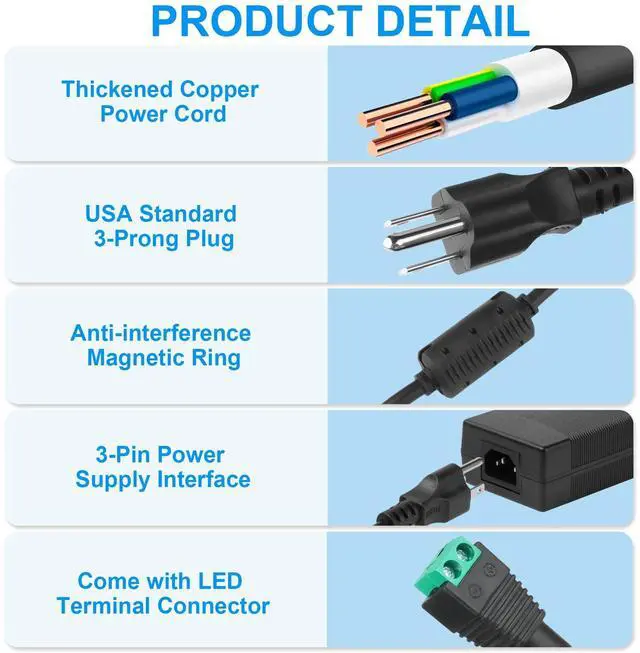 Alt view image 3 of 7 - 24V 5A Power Supply 100V-240V AC to 24V DC Power Supply with LED Terminal Connector, 24 Volt Power Adapter DC Adapter with 5.5x2.1mm Jack for Light Strip