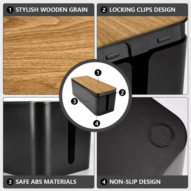 Alt view image 3 of 7 - Cable Management Box, Large Cable Organizer Box to Hide Wires | Wooden Grain Design, TV & Desk Computer Wires Cord Hider, Desk Cord Organizer, Floor Outlet Hiders, for Home & Office, Black