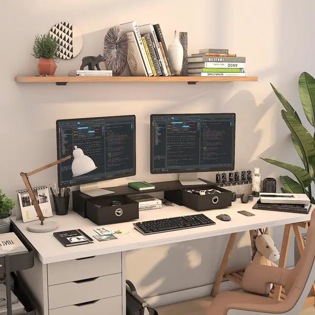 Alt view image 4 of 6 - Dual Monitor Stand Riser with Two Drawers, Extra Large Storage Monitor Stand for 2 Monitors, Desktop Oraganizer Stand for Computer,Laptop,Screen,Printer,TV