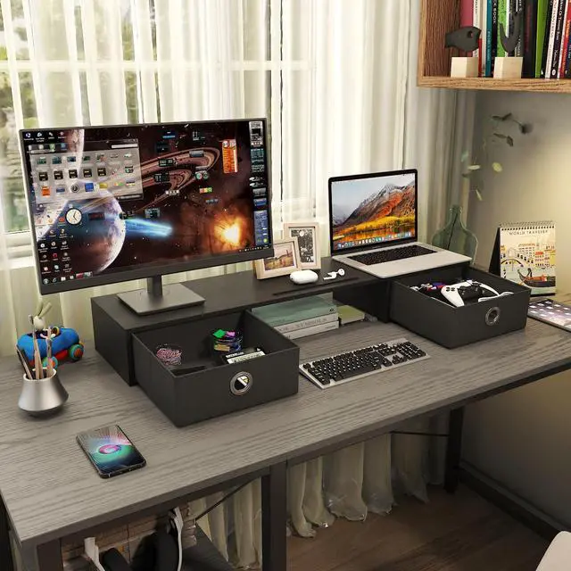Alt view image 3 of 6 - Dual Monitor Stand Riser with Two Drawers, Extra Large Storage Monitor Stand for 2 Monitors, Desktop Oraganizer Stand for Computer,Laptop,Screen,Printer,TV