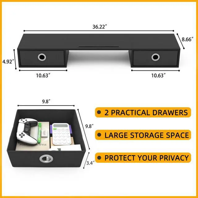 Alt view image 6 of 6 - Dual Monitor Stand Riser with Two Drawers, Extra Large Storage Monitor Stand for 2 Monitors, Desktop Oraganizer Stand for Computer,Laptop,Screen,Printer,TV