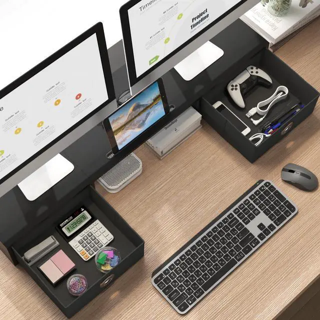 Alt view image 2 of 6 - Dual Monitor Stand Riser with Two Drawers, Extra Large Storage Monitor Stand for 2 Monitors, Desktop Oraganizer Stand for Computer,Laptop,Screen,Printer,TV