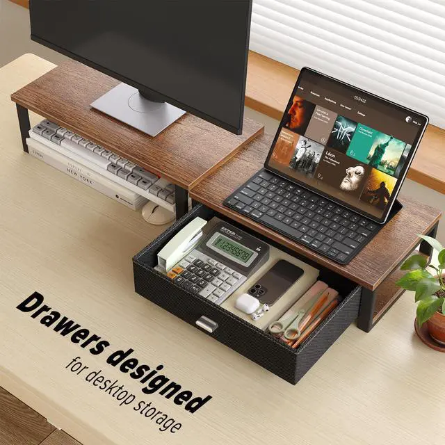 Alt view image 4 of 7 - Dual Monitor Stand Riser with Drawers, Desk Organizers for 2 Monitors, Desktop Storage Stand for Computer,Laptop,Walnut