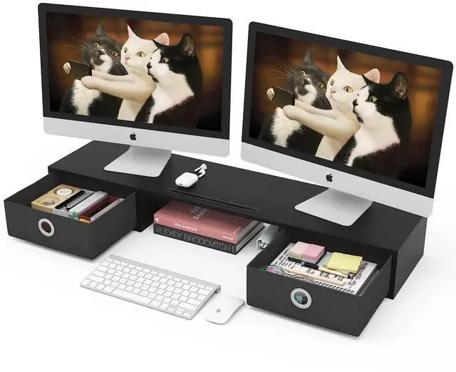 Main image of Dual Monitor Stand Riser with Two Drawers, Extra Large Storage Monitor Stand for 2 Monitors, Desktop Oraganizer Stand for Computer,Laptop,Screen,Printer,TV
