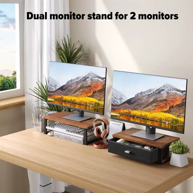 Alt view image 6 of 7 - Dual Monitor Stand Riser with Drawers, Desk Organizers for 2 Monitors, Desktop Storage Stand for Computer,Laptop,Walnut