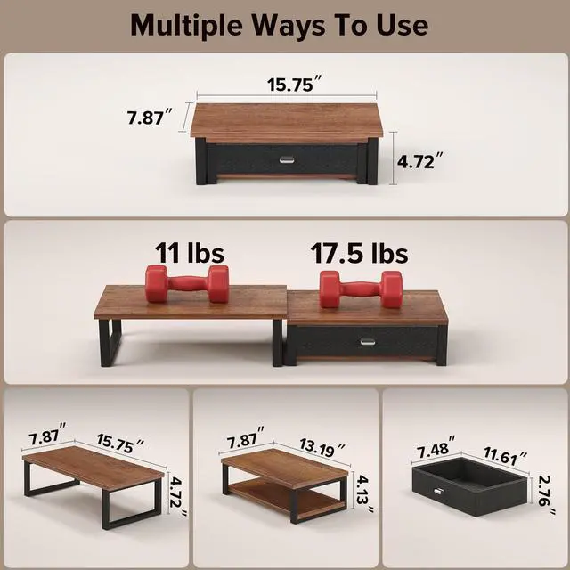 Alt view image 2 of 7 - Dual Monitor Stand Riser with Drawers, Desk Organizers for 2 Monitors, Desktop Storage Stand for Computer,Laptop,Walnut