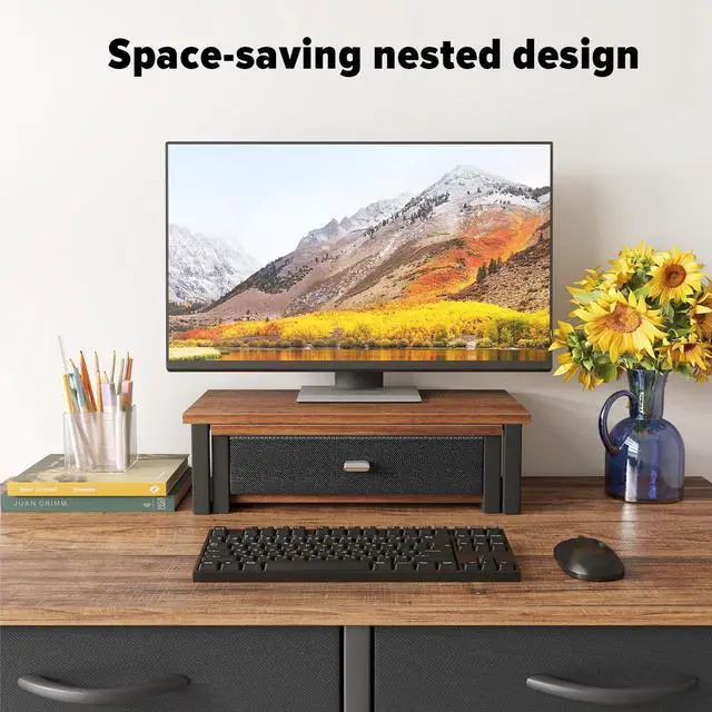 Alt view image 5 of 7 - Dual Monitor Stand Riser with Drawers, Desk Organizers for 2 Monitors, Desktop Storage Stand for Computer,Laptop,Walnut