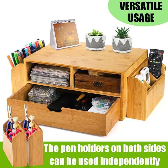 Alt view image 4 of 7 - 2 Tier Bamboo Desktop Organizer, Desk Monitor Stand Riser with 1 Drawer and 2 Pen Holder, 2 Compartment Computer Desk Storage Organizer for Laptop, Printer