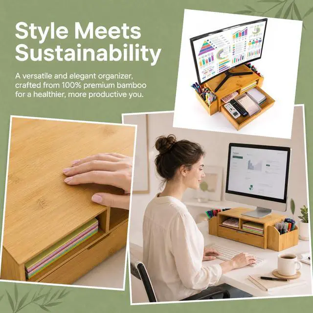 Alt view image 5 of 7 - 2 Tier Bamboo Desktop Organizer, Desk Monitor Stand Riser with 1 Drawer and 2 Pen Holder, 2 Compartment Computer Desk Storage Organizer for Laptop, Printer
