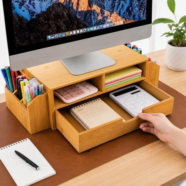 Alt view image 6 of 7 - 2 Tier Bamboo Desktop Organizer, Desk Monitor Stand Riser with 1 Drawer and 2 Pen Holder, 2 Compartment Computer Desk Storage Organizer for Laptop, Printer