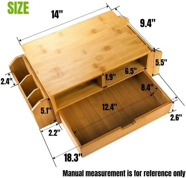 Alt view image 2 of 7 - 2 Tier Bamboo Desktop Organizer, Desk Monitor Stand Riser with 1 Drawer and 2 Pen Holder, 2 Compartment Computer Desk Storage Organizer for Laptop, Printer