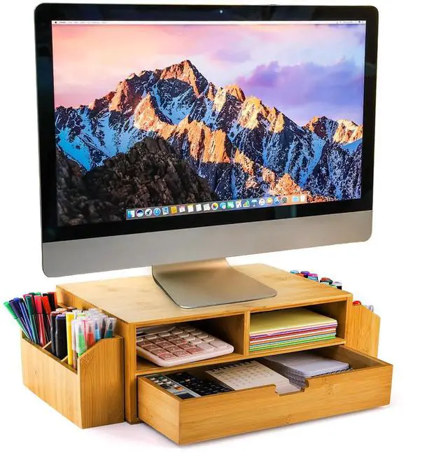 Main image of 2 Tier Bamboo Desktop Organizer, Desk Monitor Stand Riser with 1 Drawer and 2 Pen Holder, 2 Compartment Computer Desk Storage Organizer for Laptop, Printer
